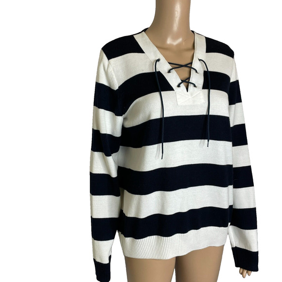 Women's US 8 Mademoiselle Saint James Navy Blue Lace Up Sweater Pullover - Picture 2 of 6